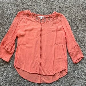 JohnPaulRichard Coral Lace-Yoke Peasant Top